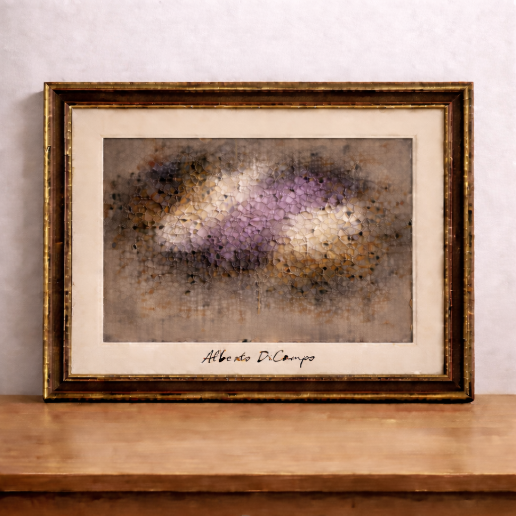 Abstract expressionist art with gold frame